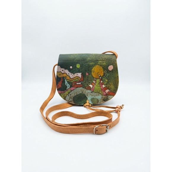 Handbags - Hand Painted Indie Leather Crossbody Bag Artisan Surrealist Landscape Green Tan